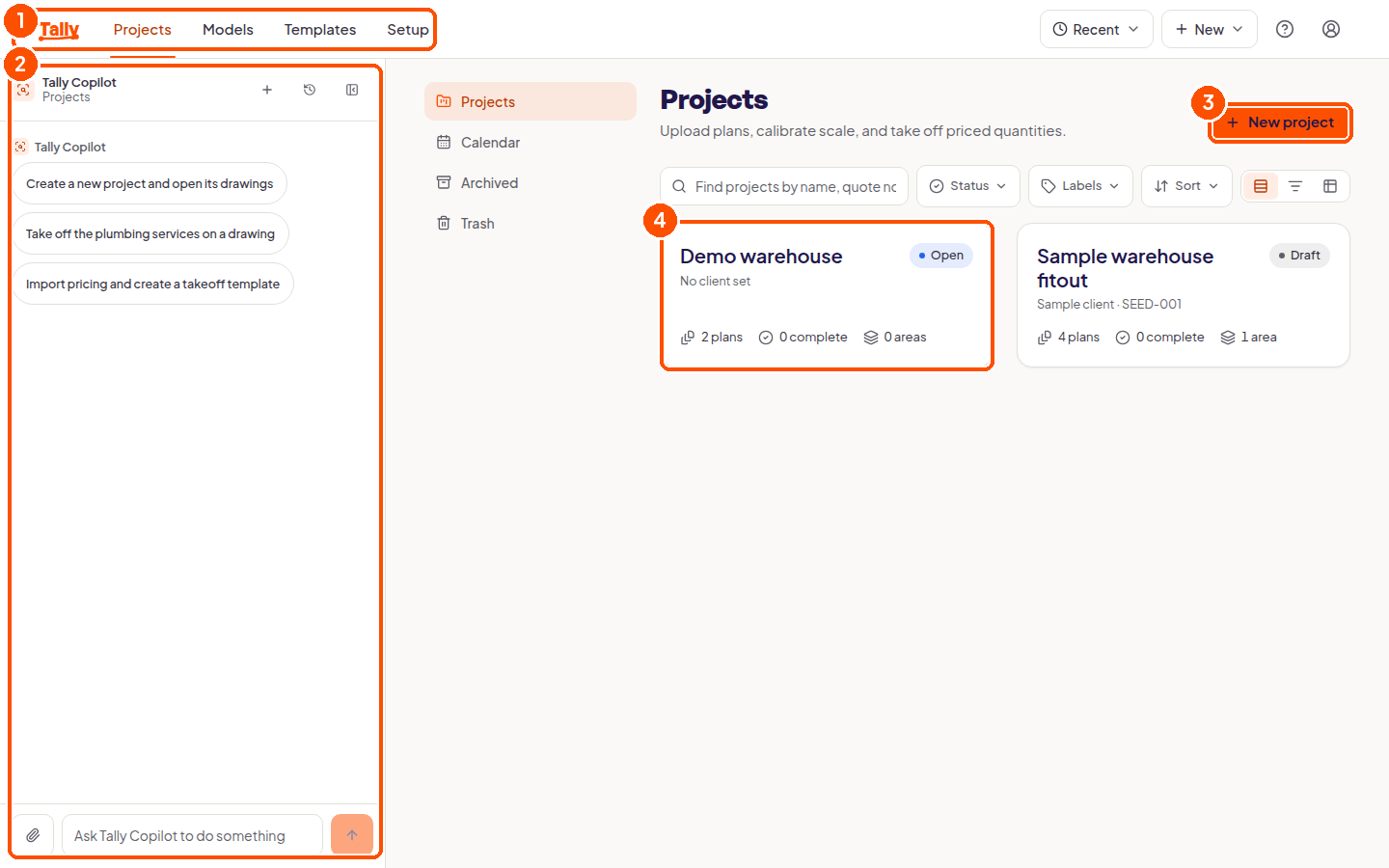 Tally projects list with the Copilot rail open down the left side of the screen