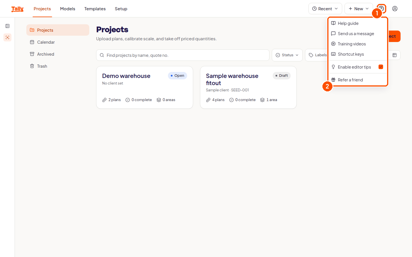 The help menu open with links to the help guide, training videos and shortcut keys