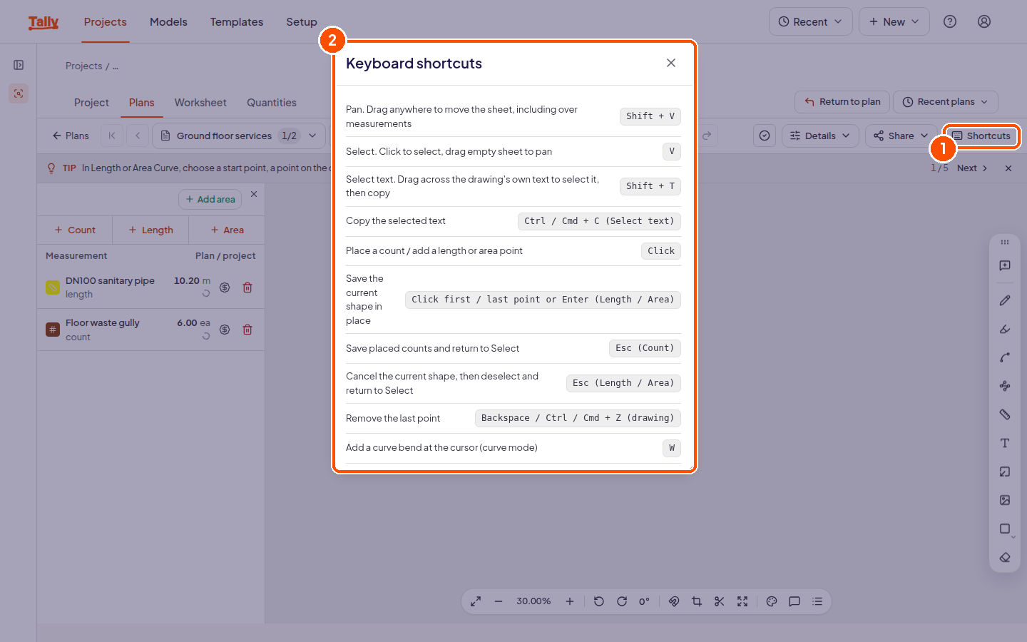 The keyboard shortcuts panel listing pan, select and drawing shortcuts