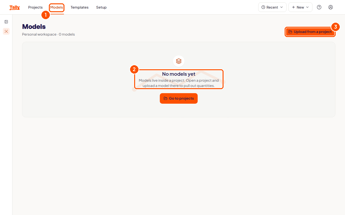 The models page empty state explaining that models live inside a project