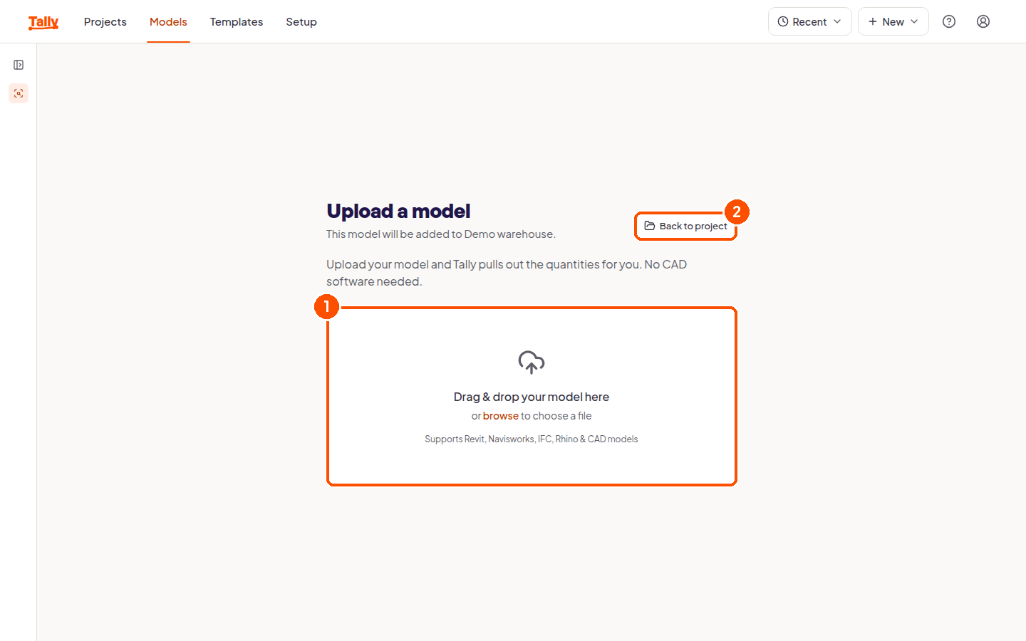 The upload a model page with a dropzone listing supported model formats