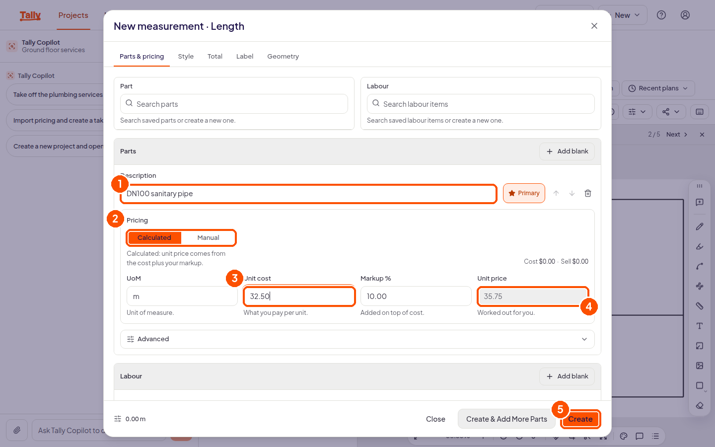 The new measurement dialog for a length, with a part description and unit cost filled in