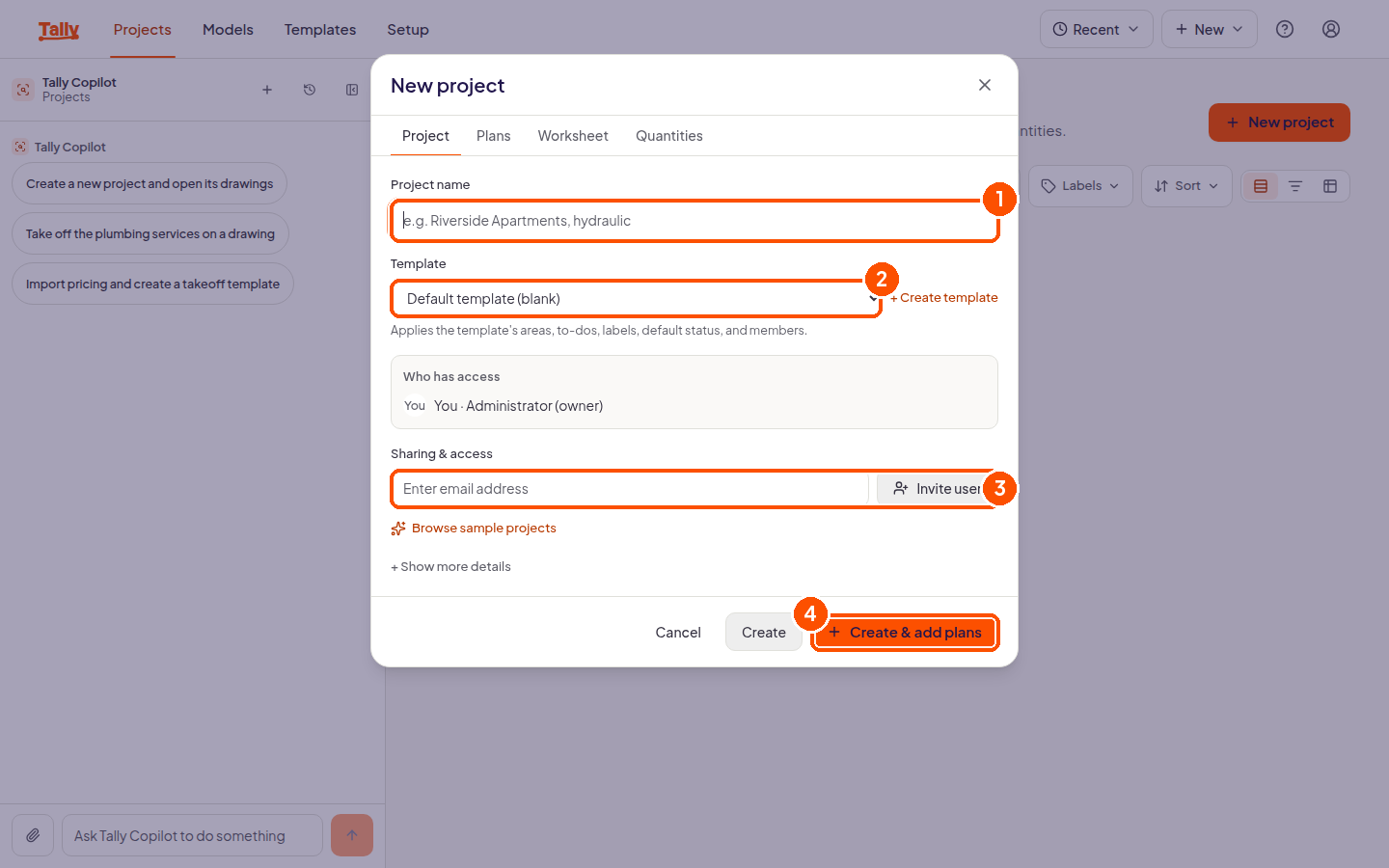 The new project dialog with the project name, template and create buttons