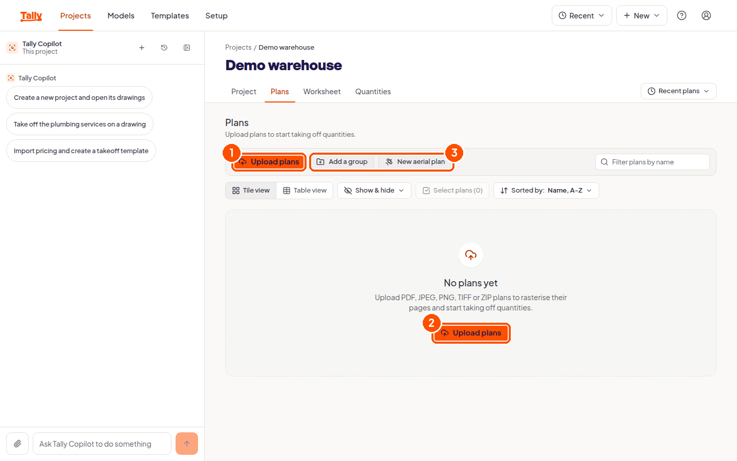 The empty plans tab with two upload buttons