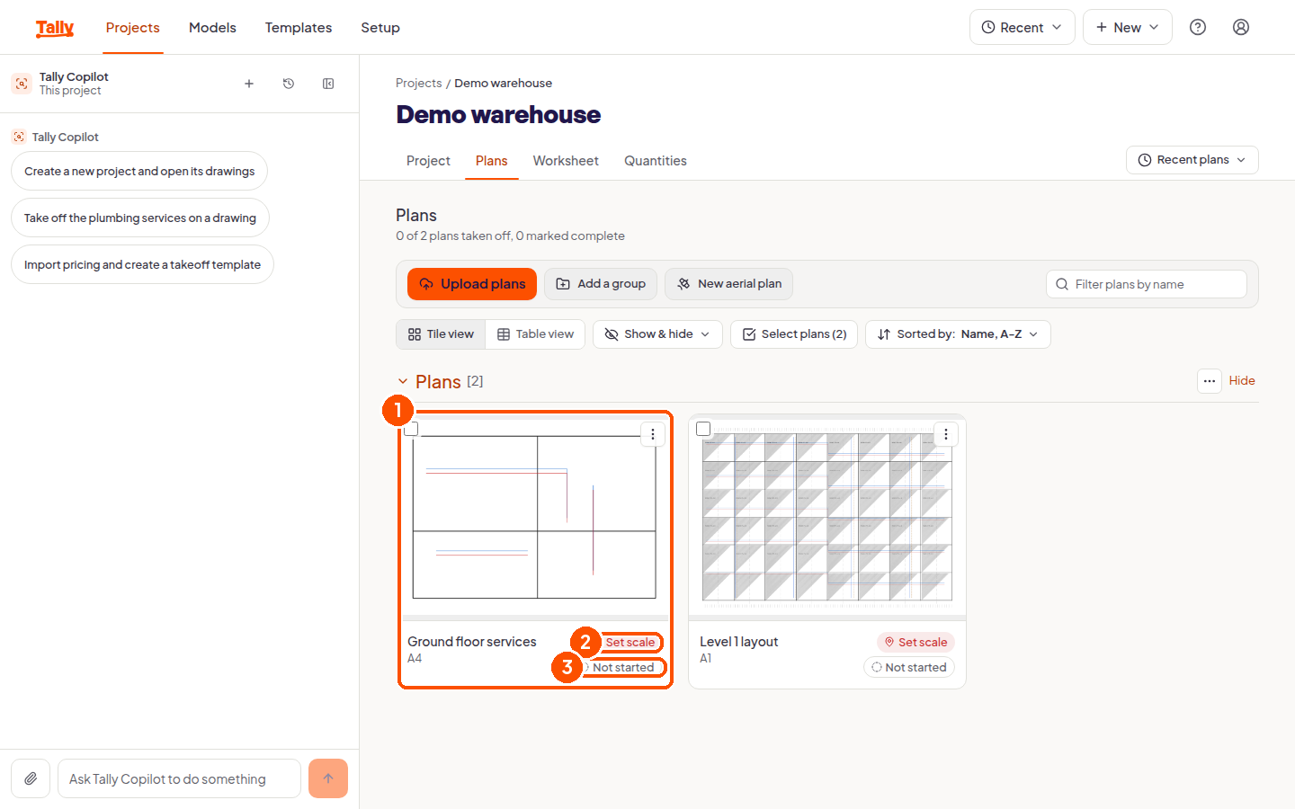 Two uploaded plans shown as tiles with set scale and not started chips