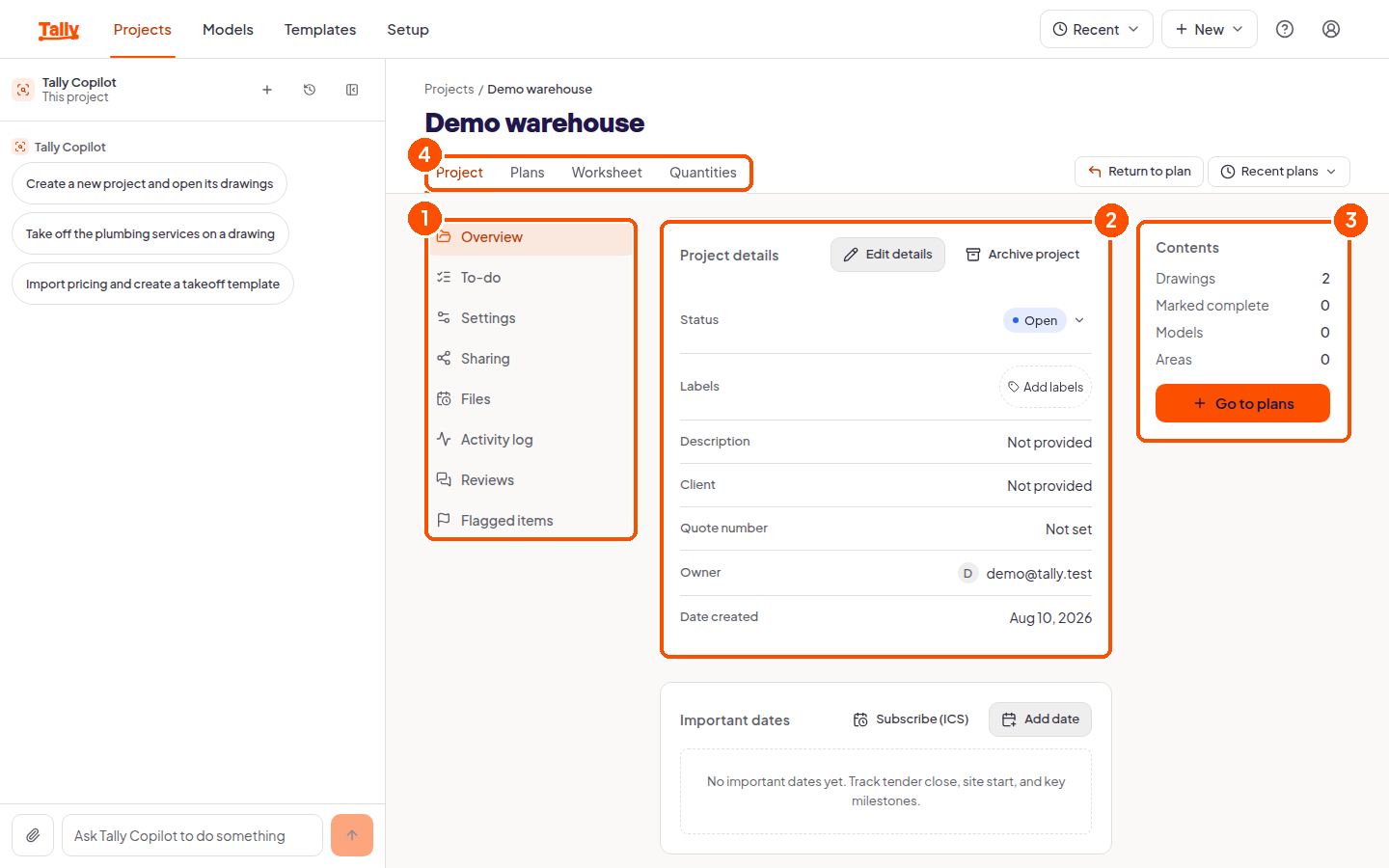 A project overview with project details, contents and the project sections navigation