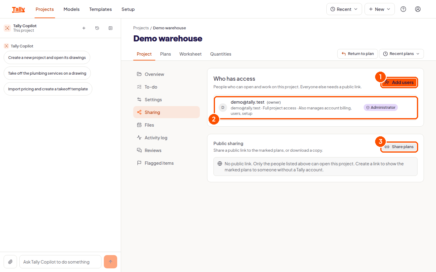 The project sharing page with access and public sharing sections