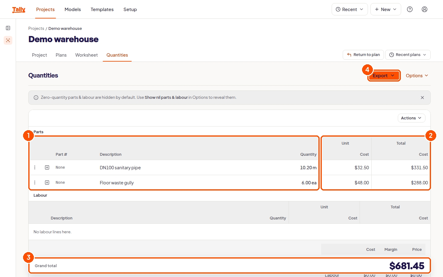 The quantities tab showing two priced parts and a grand total of $681.45