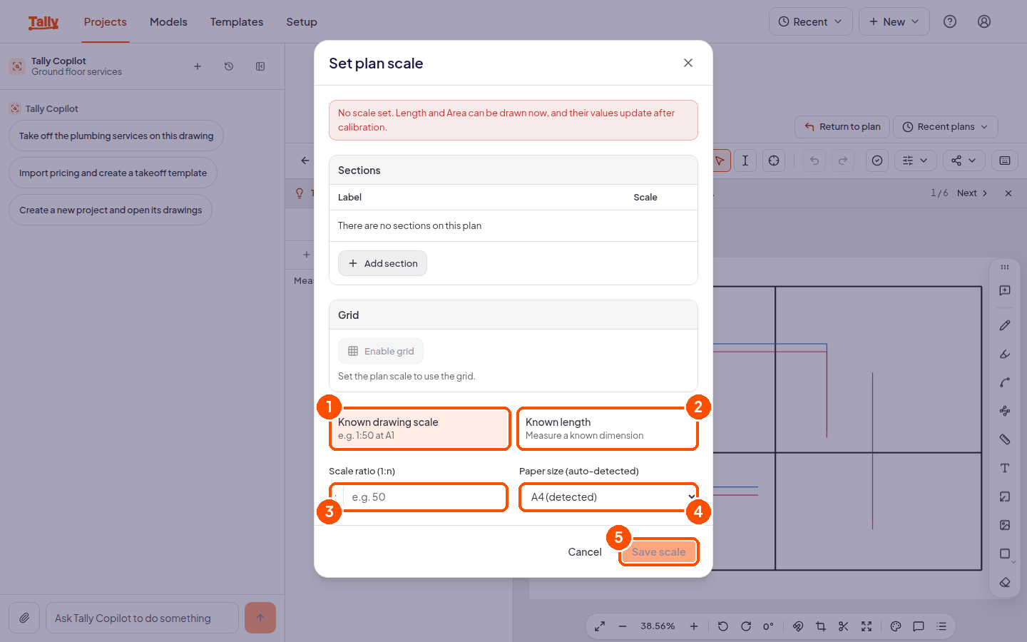 The set plan scale dialog with the known drawing scale method selected
