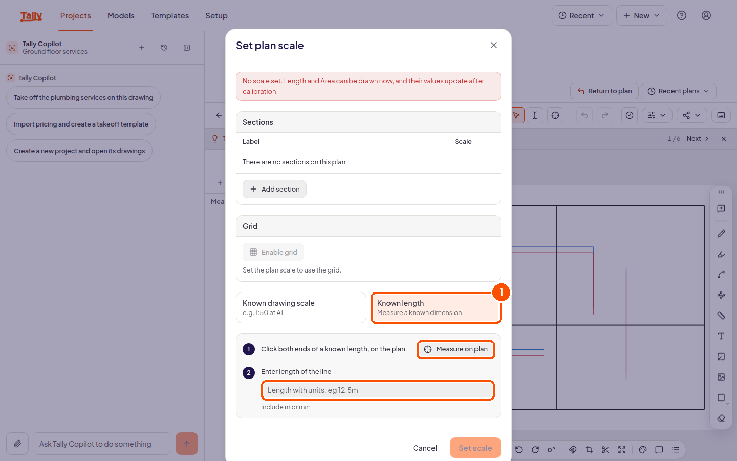 The set plan scale dialog with the known length method and its two steps