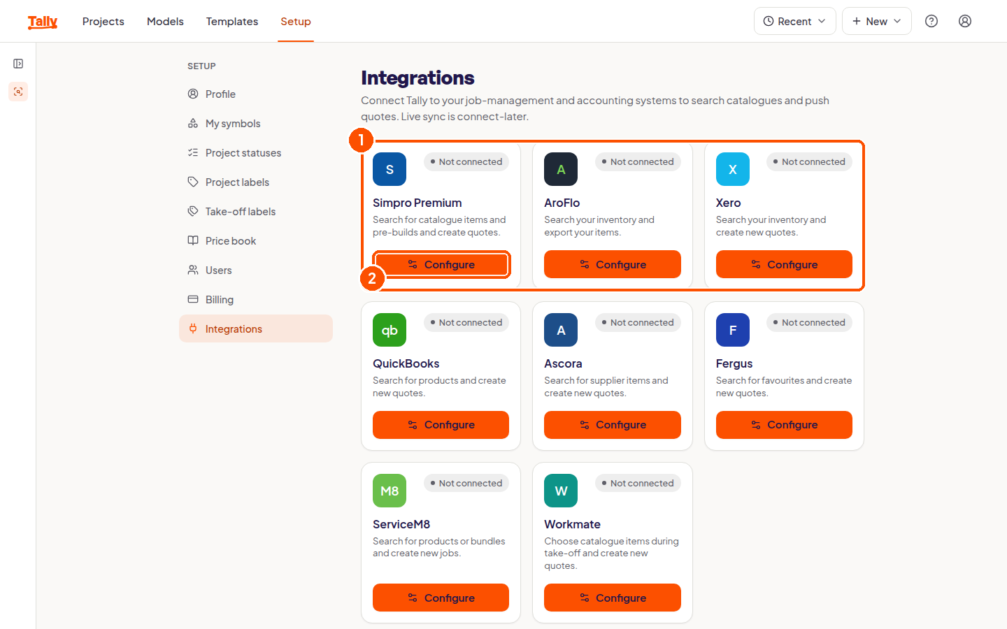 The integrations page showing eight job-management and accounting connections, all not connected