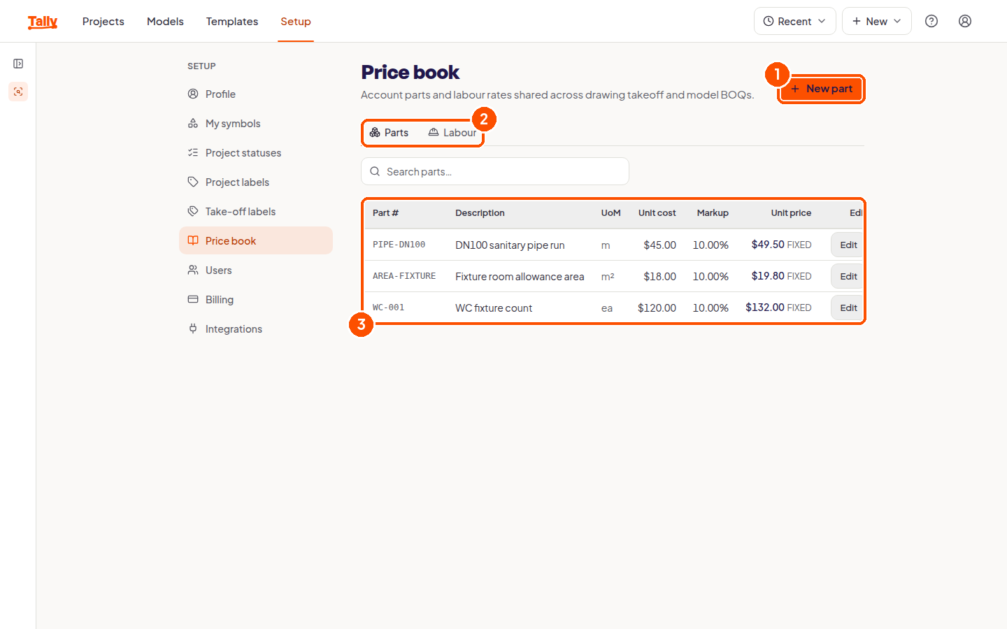 The price book with three saved parts and their unit costs and markups