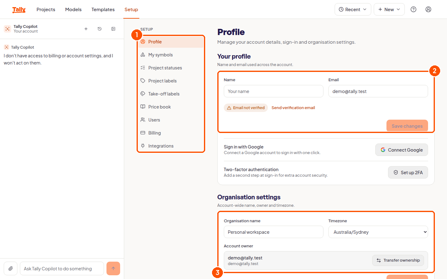 The setup profile page with the setup navigation, profile fields and organisation settings