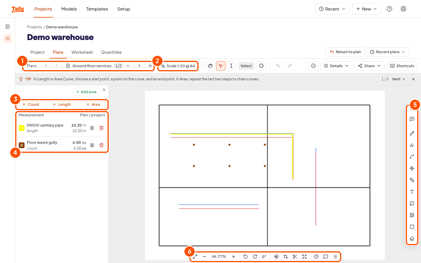 The Tally take-off editor with the markup toolbar down the right and the canvas controls along the bottom
