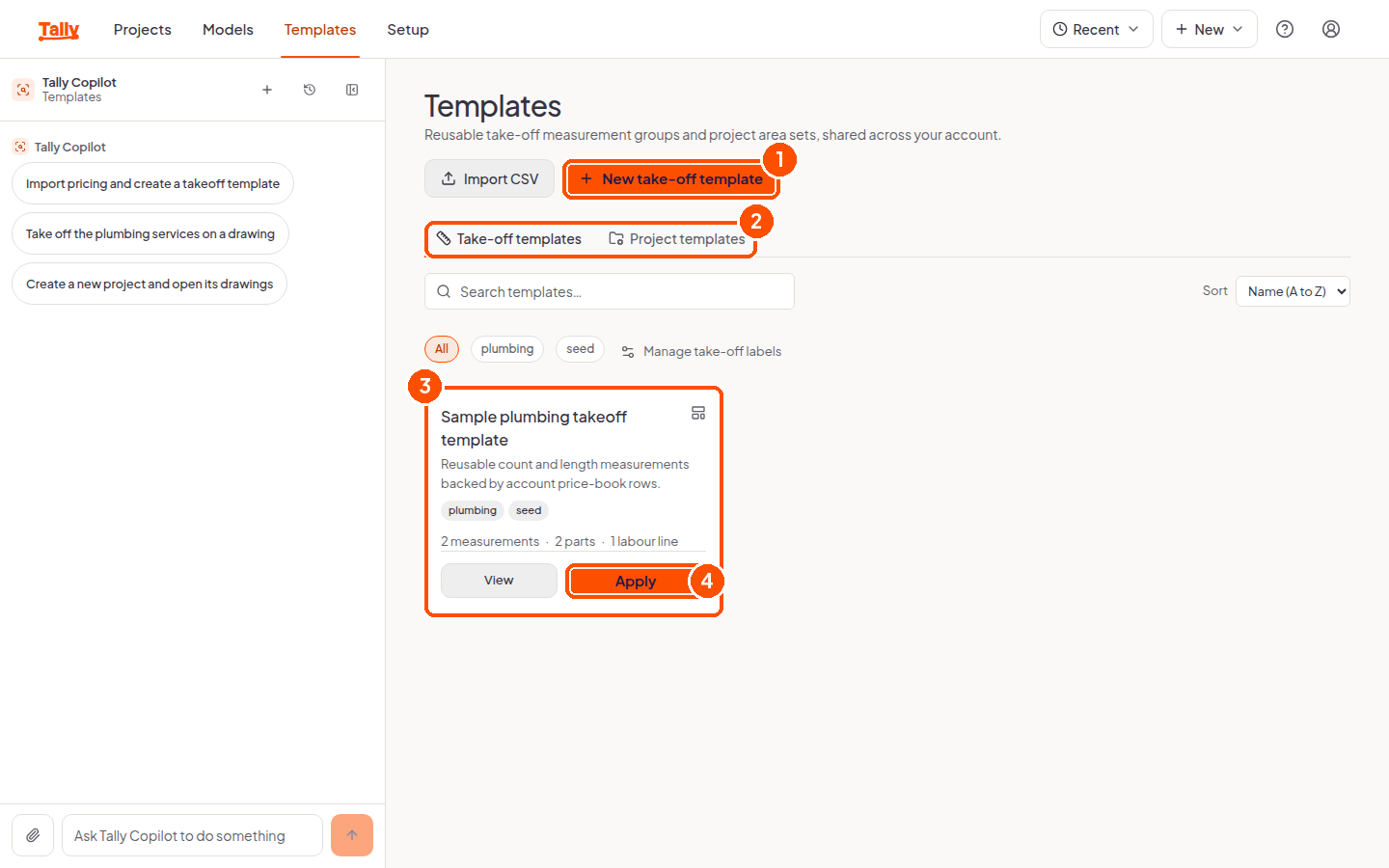 The templates page with one take-off template card offering view and apply
