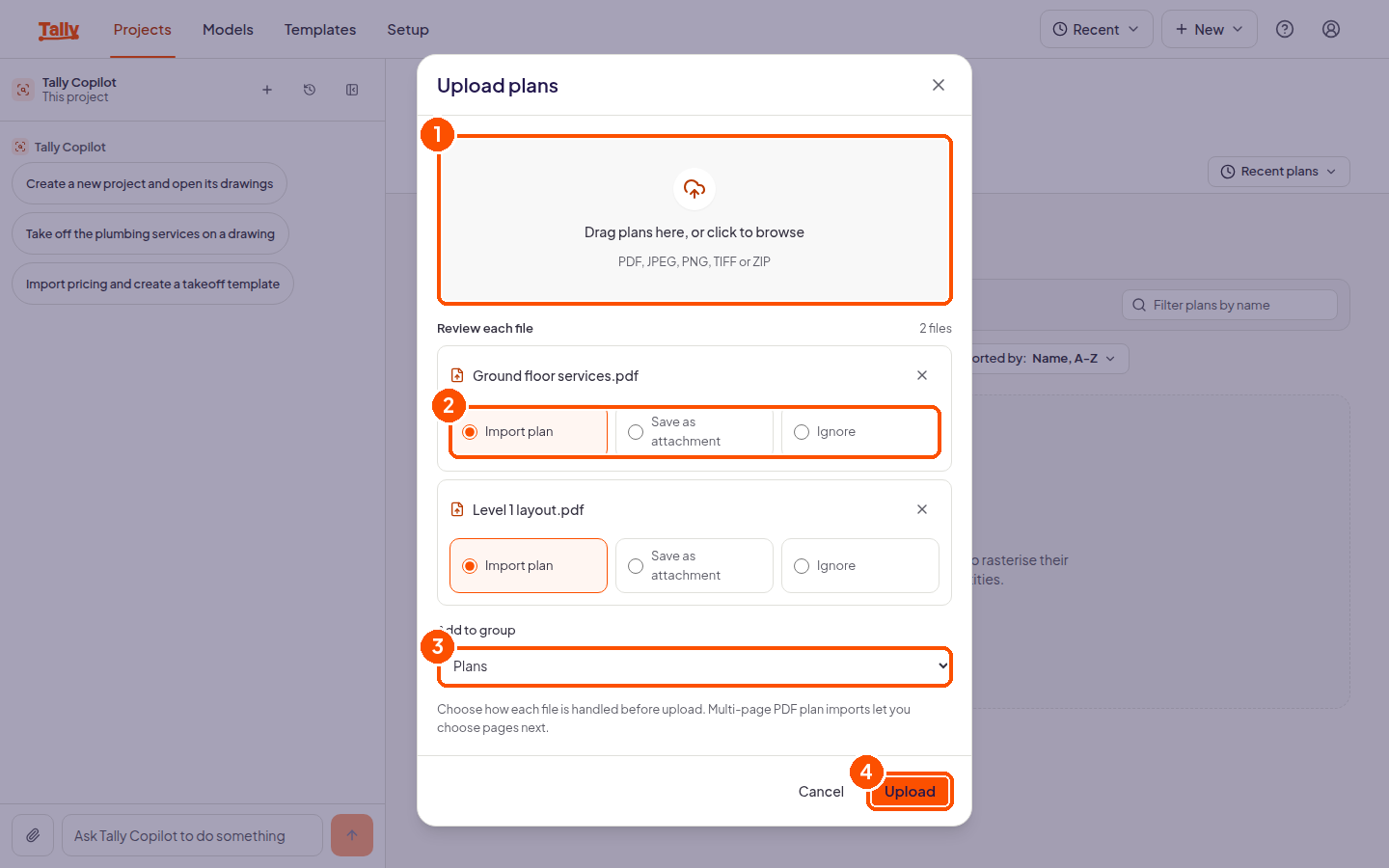 The upload plans dialog with two PDFs listed and import plan selected for each